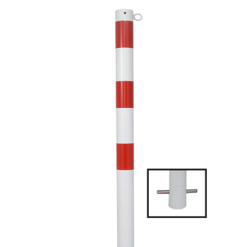 Absperrpfosten 76 mm Stahlrohr + 1 Öse weiß besch. / rote Streifen zum einbetonieren