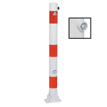 Absperrpfosten 76 mm Stahlrohr weiß besch. / rote Streifen umlegbar mit Dreikant für Dübelbefestigung