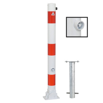 Absperrpfosten 76 mm Stahlrohr weiß besch. / rote Streifen umlegbar mit Dreikant zum einbetonieren inkl. Bodenhülse