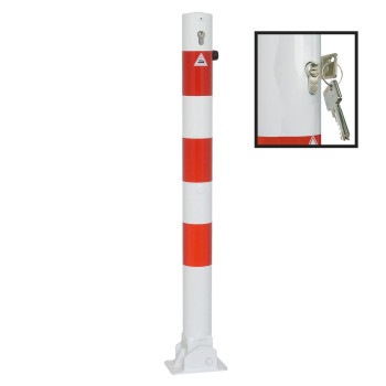 Absperrpfosten 76 mm Stahlrohr weiß besch. / rote Streifen umlegbar mit Profilzylinderschloss für Dübelbefestigung