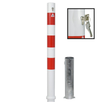 Absperrpfosten 76 mm Stahlrohr weiß besch. / rote Streifen herausnehmbar mit Profilzylinderschloss
